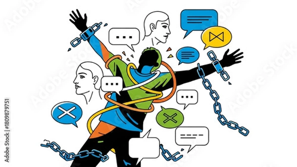 Obraz Person Breaking Chains with Speech Bubbles – Liberation and Freedom of Expression Illustration