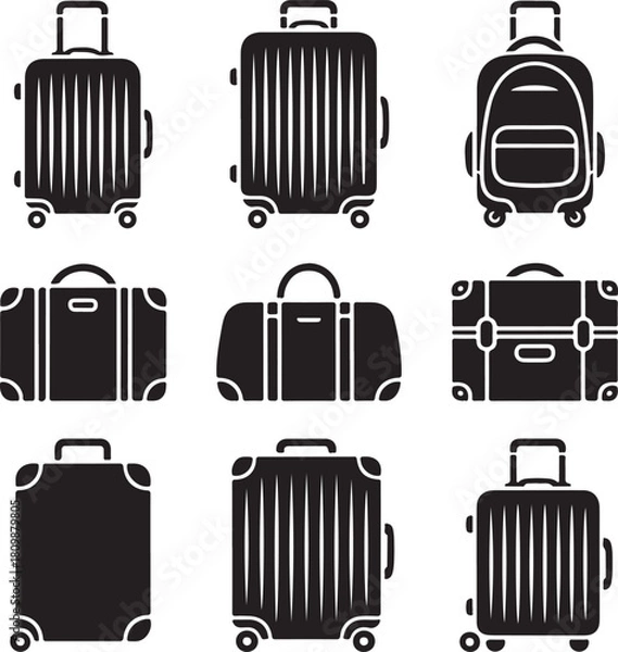 Fototapeta Black and White Silhouette Illustration of Suitcase Types Carry-On Large Wheeled Backpack Hard-Shell Soft Fabric Duffel Vintage Trunk Cabin Trolley Expandable