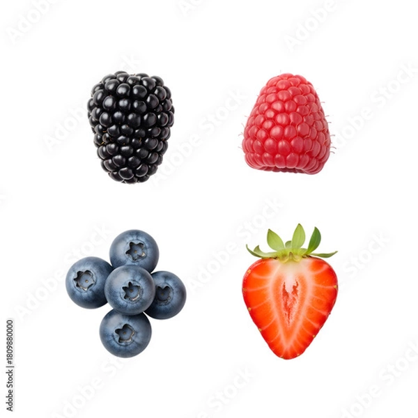 Obraz Assortment of fresh berries including blackberry, raspberry, blueberry, and strawberry isolated on transparent background