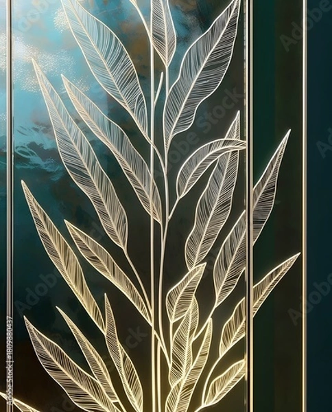 Fototapeta Glowing botanical stems shining softly within reflective teal background creating modern artistic luxury panel

