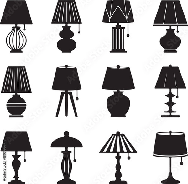 Obraz Black and White Silhouette Illustration of Table Lamp Designs Classic Modern Geometric Cylindrical Tripod Ceramic Metallic Wooden Art Deco Minimal