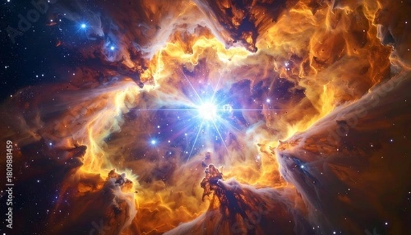 Fototapeta Swirling, golden, nebula of cosmic dust and gas illuminated by a central bright star, with a sprinkling of smaller stars