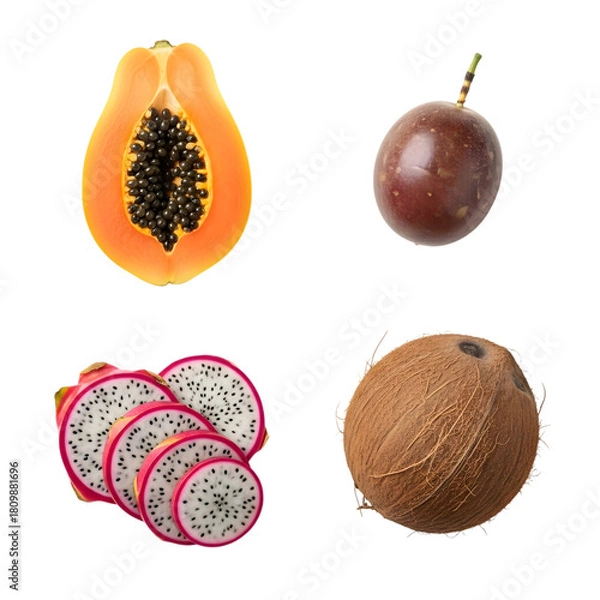 Obraz Assortment of tropical fruits including papaya, passion fruit, dragon fruit, and coconut isolated on transparent background