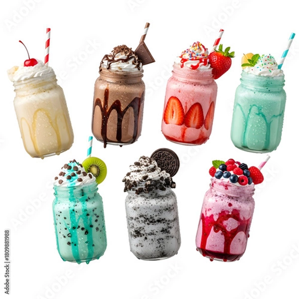 Obraz Collection of colorful milkshakes and ice cream sundaes topped with whipped cream and fruit isolated on transparent background