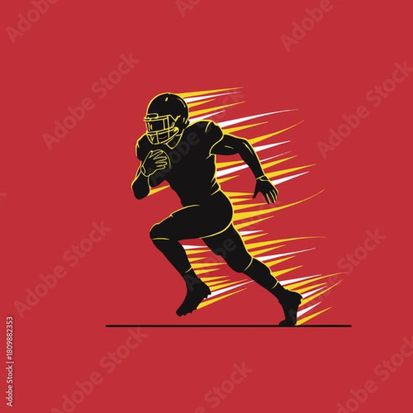 Fototapeta Silhouette of an American football player running at high speed with yellow and orange motion lines on a vibrant red background, depicting dynamic action and energy.