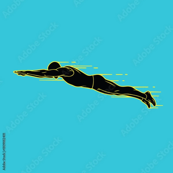 Fototapeta A black silhouette of a swimmer in a streamlined position with yellow speed lines on a vibrant blue background, depicting motion and speed.