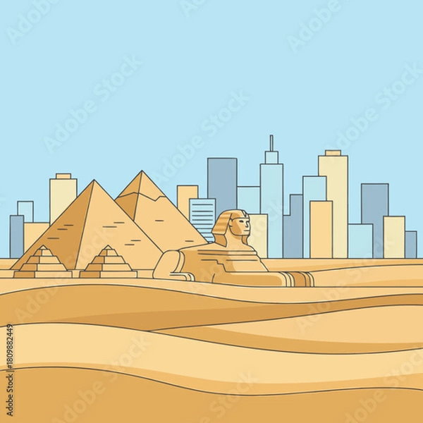 Fototapeta Illustration of ancient Egyptian pyramids and the Sphinx in a desert landscape with a modern city skyline in the background.