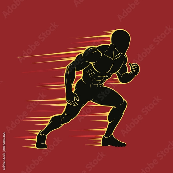 Fototapeta Dynamic silhouette of a muscular man running at high speed with vibrant yellow and orange motion lines on a red background.