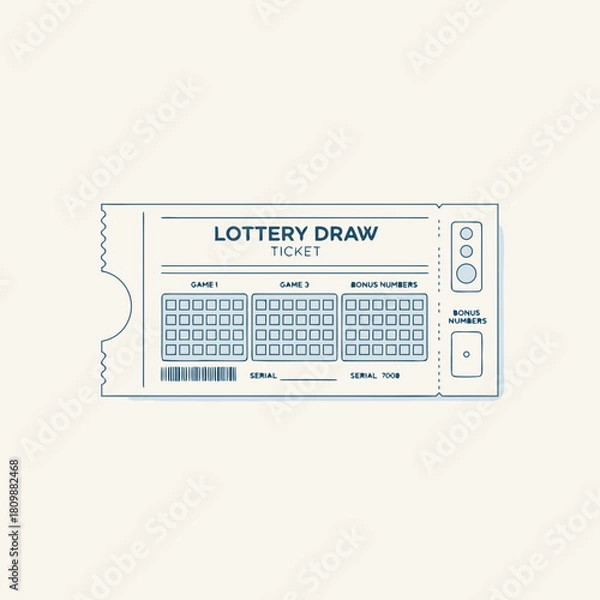Fototapeta A clean, minimalist illustration of a lottery draw ticket with multiple game sections and bonus numbers, presented in a light blue and beige color scheme.