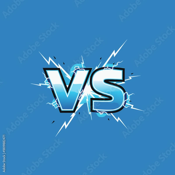 Fototapeta Stylized blue 'VS' text with electric lightning bolts on a solid blue background, symbolizing competition or comparison.