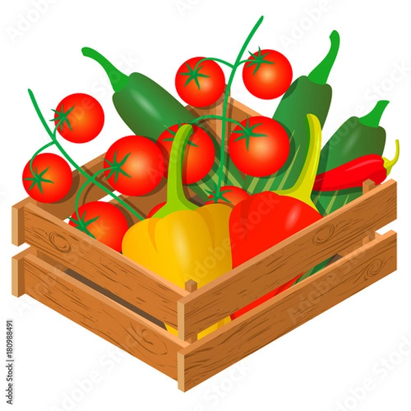 Obraz Wooden crates with vegetables. Peppers, tomatoes and cucumbers. 3D isometric view. Vector illustration.