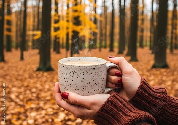 Fototapeta Woman holding a warm cup of coffee in an autumn forest with fall foliage