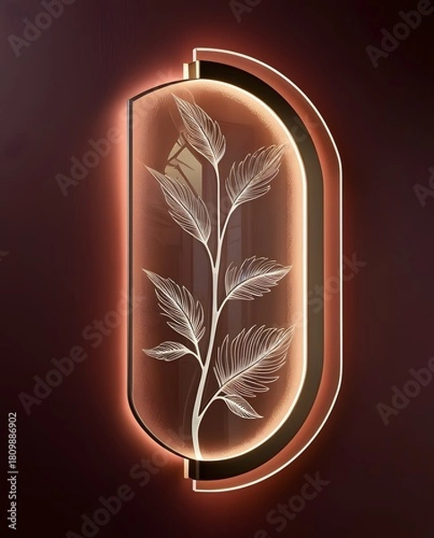 Fototapeta Neon-lit floral glass plaque featuring delicate etched leaves within warm illuminated curved rectangular frame