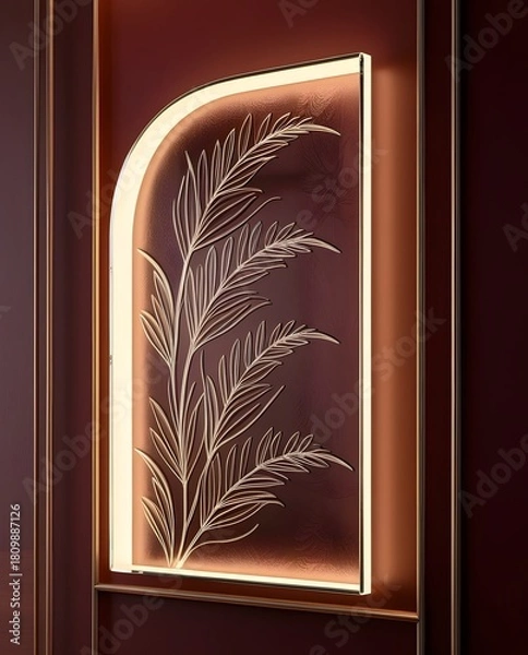 Fototapeta Illuminated curved glass panel with engraved botanical leaf pattern glowing warmly against deep red backdrop