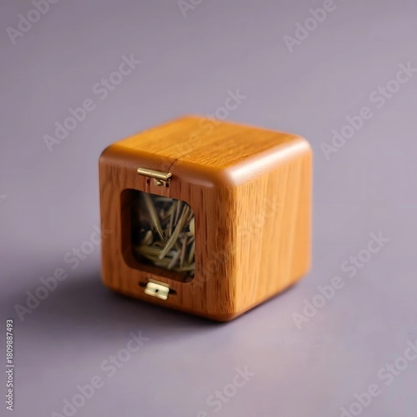 Obraz Small wooden cube box with clear window showing dried herbs