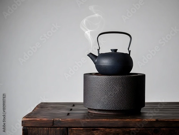 Obraz Steaming cast iron teapot on decorative warmer