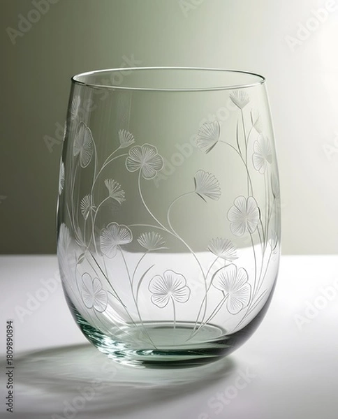 Fototapeta Frosted botanical glass with floral engravings displayed against smooth gradient background in minimal elegant style