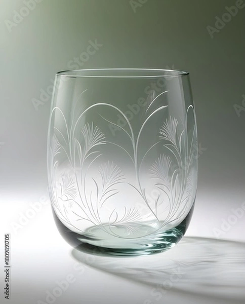 Fototapeta Frosted glass tumbler with delicate white botanical etching set against soft green background