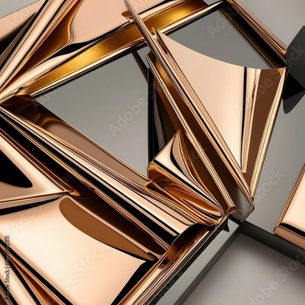Fototapeta Reflective gold and chrome metallic fragments arranged in layered geometric modern industrial abstract composition