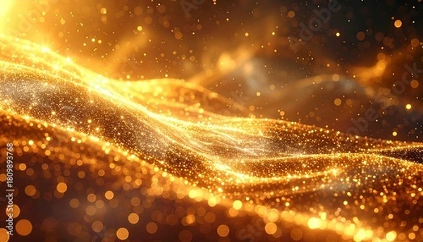 Fototapeta Swirling golden particles form glittering waves against a dark background, creating an elegant and ethereal effect