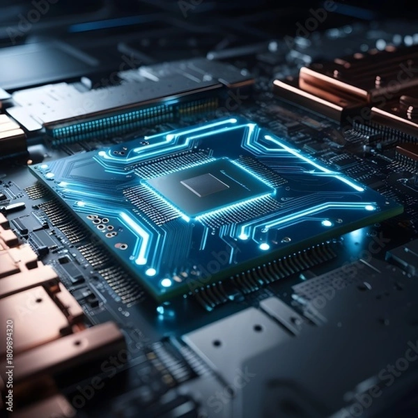 Fototapeta Advanced microchip board with neon-blue circuitry glowing across complex hardware components and metallic structure