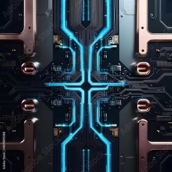 Fototapeta Futuristic circuit board with glowing blue energy pathways forming symmetrical high-tech electronic patterns