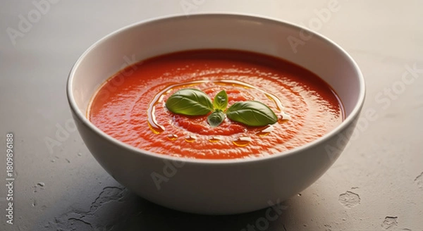 Fototapeta Delicious tomato soup with basil leaves in a white bowl on a dark background