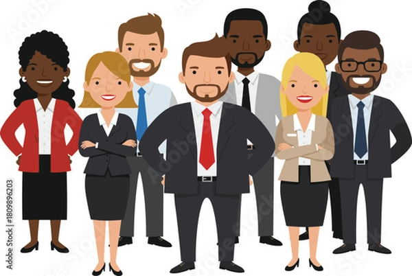 Fototapeta Confident and diverse business team standing together in professional attire, representing leadership, collaboration, and corporate unity