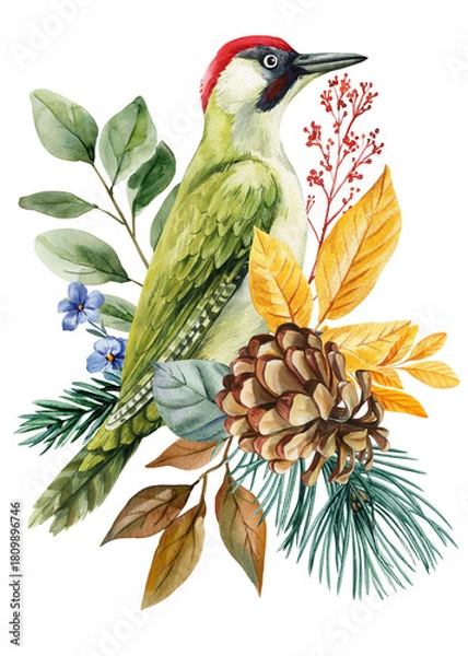 Fototapeta Green Woodpecker with Pinecone and Fall Botanical Watercolor on isolated white background, drawing clipart