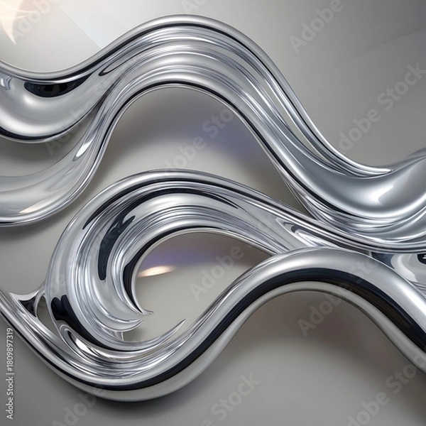 Fototapeta Abstract metallic stream forming flowing wave-like curves with polished chrome reflections and smooth texture