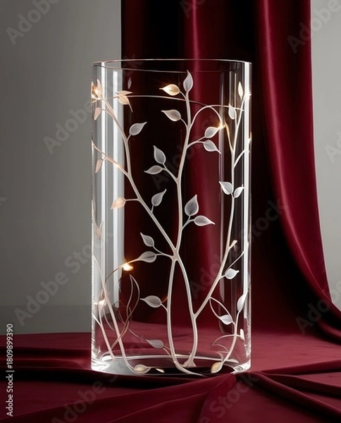 Fototapeta Illuminated etched glass vase displaying delicate botanical patterns beside rich flowing velvet fabric