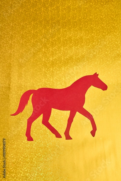 Fototapeta Elegant Red Horse Silhouette on Gold Pattern for Lunar New Year Celebration