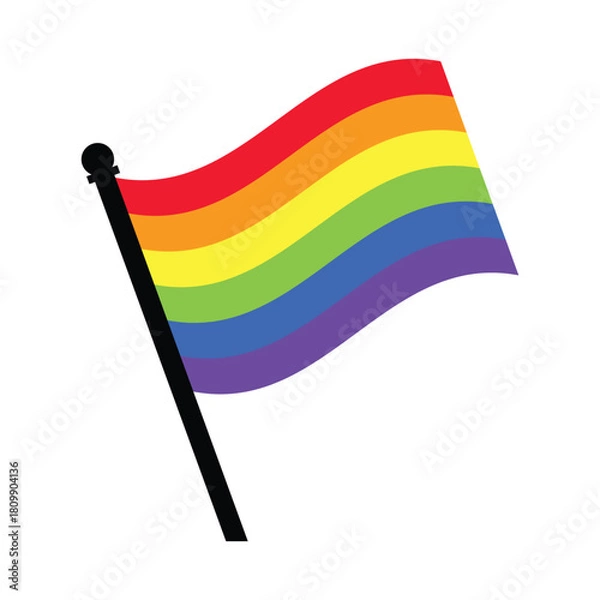 Fototapeta A waving rainbow flag on a black pole against a white background in a simple vector style