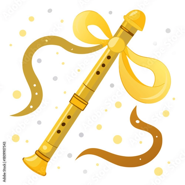 Fototapeta A golden flute adorned with a yellow ribbon and surrounded by decorative dots on a white background