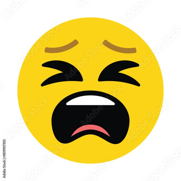 Fototapeta A yellow circular emoji with downturned eyebrows closed eyes and an open crying mouth expression