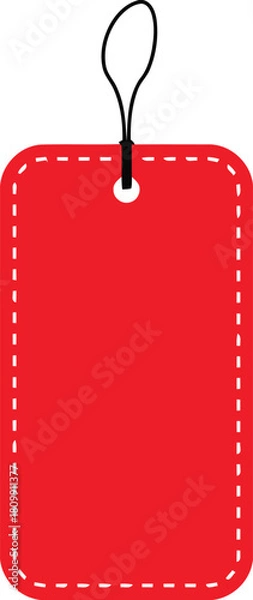 Fototapeta tag, price tag, label, red, blank, empty, sale, discount, shopping, retail, product, item, information, hanging, string, loop, dotted edge, stitched, graphic, design element, marketing, promotion, iso