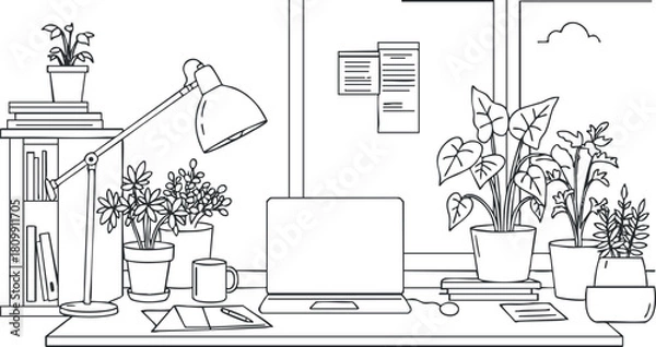 Obraz Minimalist line art illustration of a modern home office workspace featuring plants, a desk lamp, and a laptop