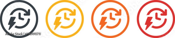 Fototapeta energy, power, electricity, renewable, sustainable, environment, green, eco, clean, symbol, icon, graphic, design, circle, arrows, lightning, bolt, dark blue, yellow, orange, red, set, collection, con