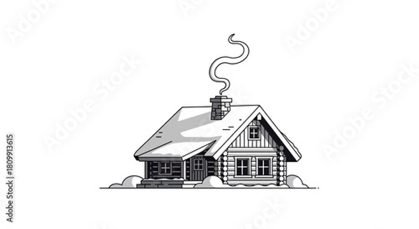 Obraz Illustration of a cozy log cabin with snow on the roof and smoke from the chimney.