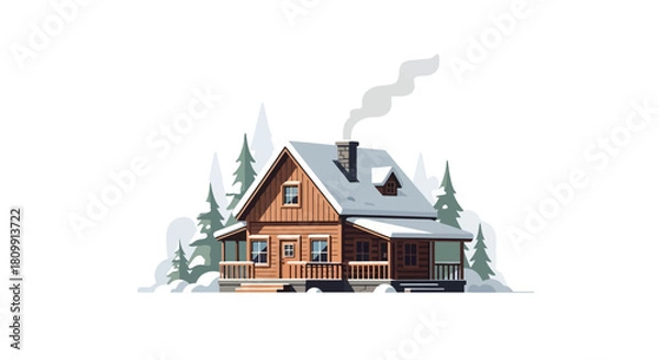 Fototapeta A cozy wooden cabin nestled in a snowy forest with smoke rising from its chimney, depicted in a clean, illustrative style.