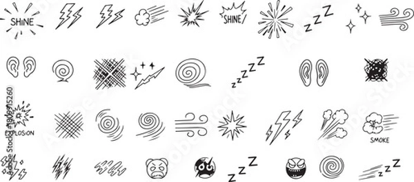 Obraz Black and White Doodle Icons for Sound, Emotion, and Action Keywords: doodle, icons, black and