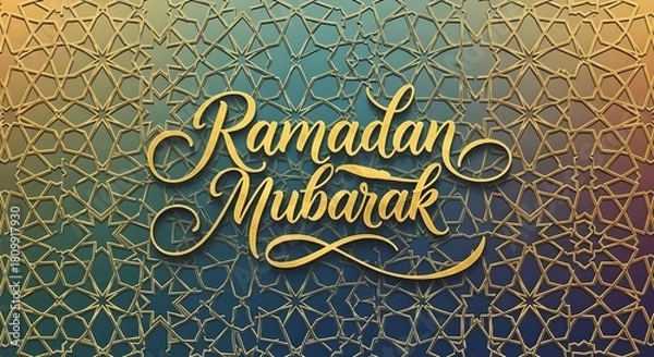 Obraz Elegant ramadan mubarak calligraphy on a golden arabesque pattern background, a festive design for greeting cards and invitations during the holy month