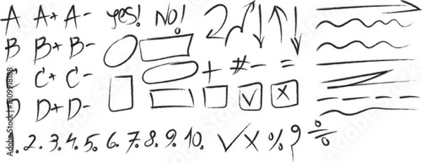 Obraz Hand- Drawn School Grades, Numbers, and Symbols on White hand drawn letters