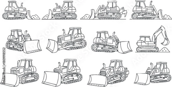 Obraz Collection of line art vector illustrations depicting various construction vehicles like bulldozers and excavators for engineering and design projects