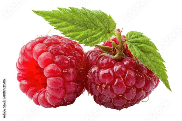 Obraz Two fresh raspberries, vibrant red, with green leaves