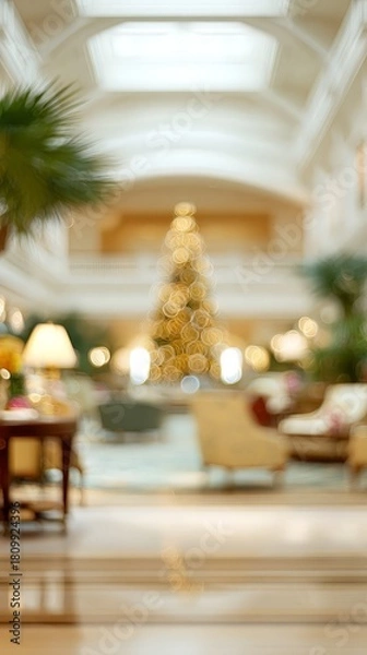 Obraz Elegant hotel lobby with christmas tree and festive ambiance