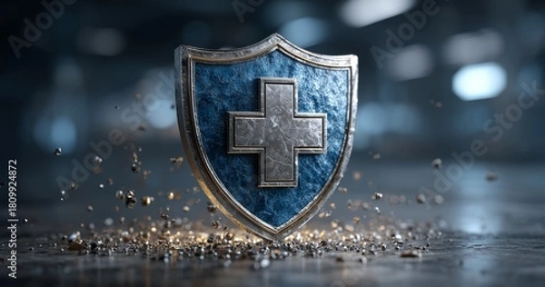 Fototapeta Shield Symbol With a Glowing Cross Representing Health and Protection in Modern Design