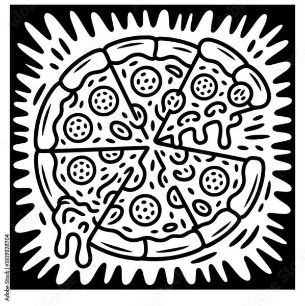Fototapeta Outline pizza slices, whole pizza. Vector simple Doodle style sketch

