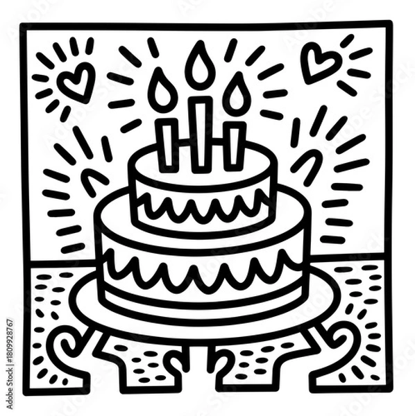 Fototapeta Vector line art of a small birthday cake with a single candle and round toppings on a plate
