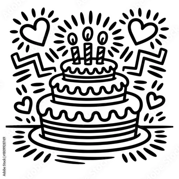 Fototapeta Vector line art of a small birthday cake with a single candle and round toppings on a plate
